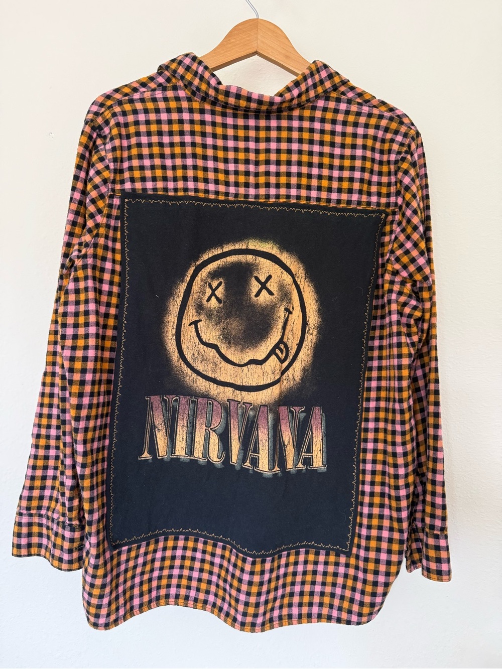 Old Navy Pink & Black Plaid Button-Down Flannel with Nirvana Graphic